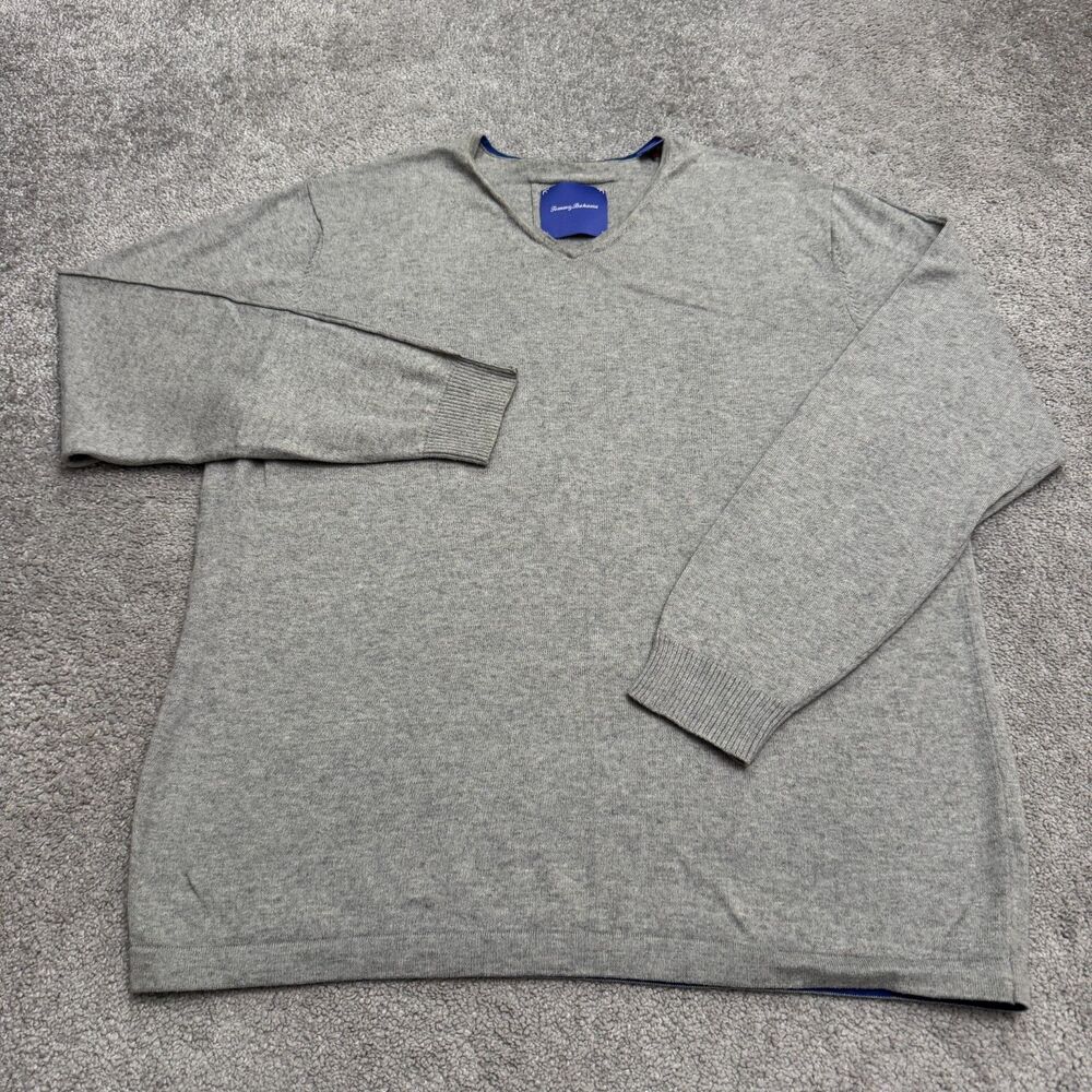 Tommy Bahama Cotton Cashmere V-Neck Knit Sweater Men XL Gray Long Sleeve Stretch